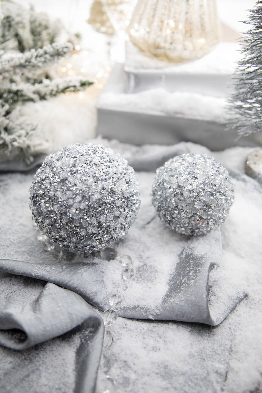 5.5" Diamond Ice Bead Ball Ornament - Silver
