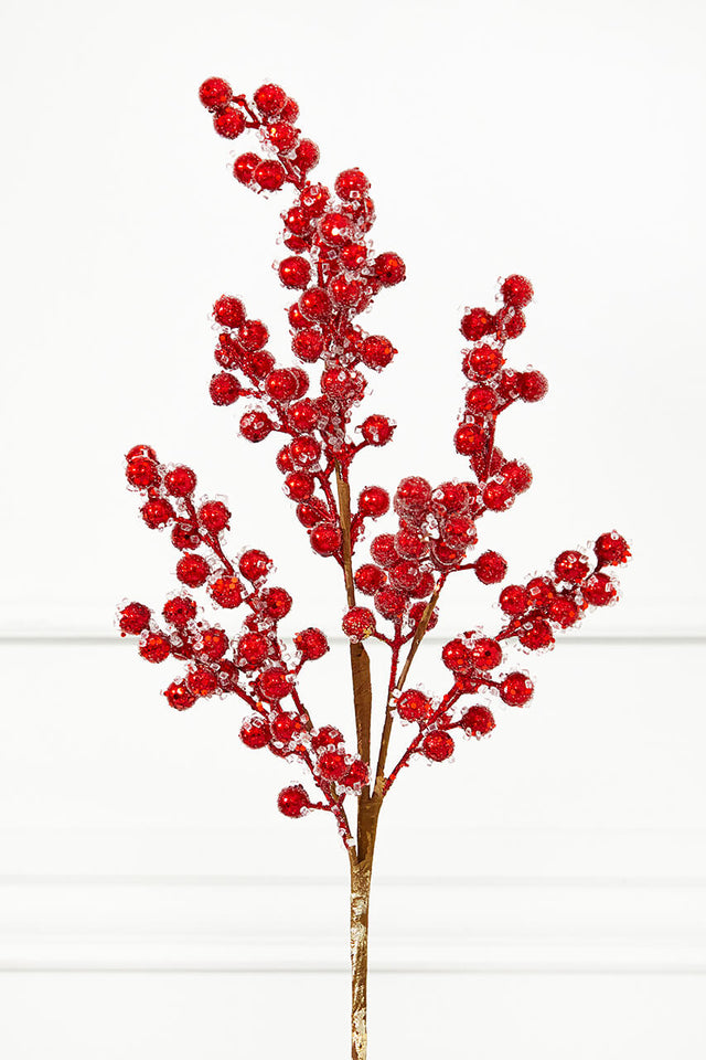 27" Beaded Iced Red Berry Spray