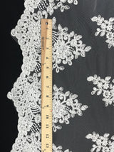 Imperial White Lace Polyester Fabric - White Mesh Net Corded Embroidered With Small Clear Iridescent Sequins, 53/54" Width