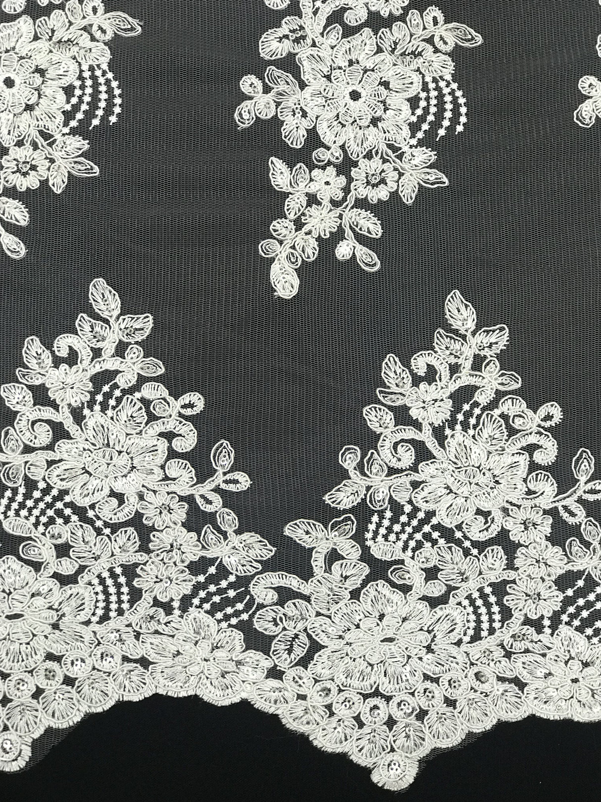 Imperial White Lace Polyester Fabric - White Mesh Net Corded Embroidered With Small Clear Iridescent Sequins, 53/54" Width
