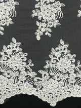 Imperial White Lace Polyester Fabric - White Mesh Net Corded Embroidered With Small Clear Iridescent Sequins, 53/54" Width