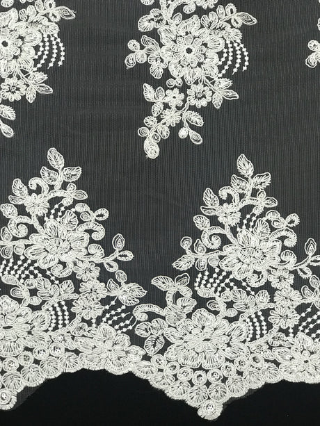 Imperial White Lace Polyester Fabric - White Mesh Net Corded Embroidered With Small Clear Iridescent Sequins, 53/54" Width