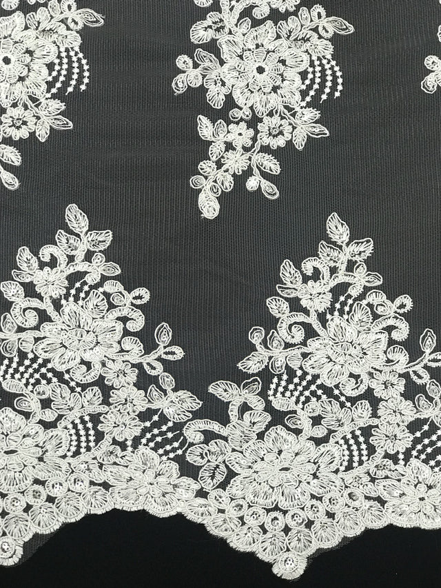 Imperial White Lace Polyester Fabric - White Mesh Net Corded Embroidered With Small Clear Iridescent Sequins, 53/54" Width