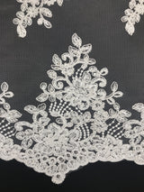 Imperial White Lace Polyester Fabric - White Mesh Net Corded Embroidered With Small Clear Iridescent Sequins, 53/54" Width