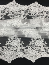 Imperial White Lace Polyester Fabric - White Mesh Net Corded Embroidered With Small Clear Iridescent Sequins, 53/54" Width