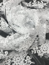 Imperial White Lace Polyester Fabric - White Mesh Net Corded Embroidered With Small Clear Iridescent Sequins, 53/54" Width