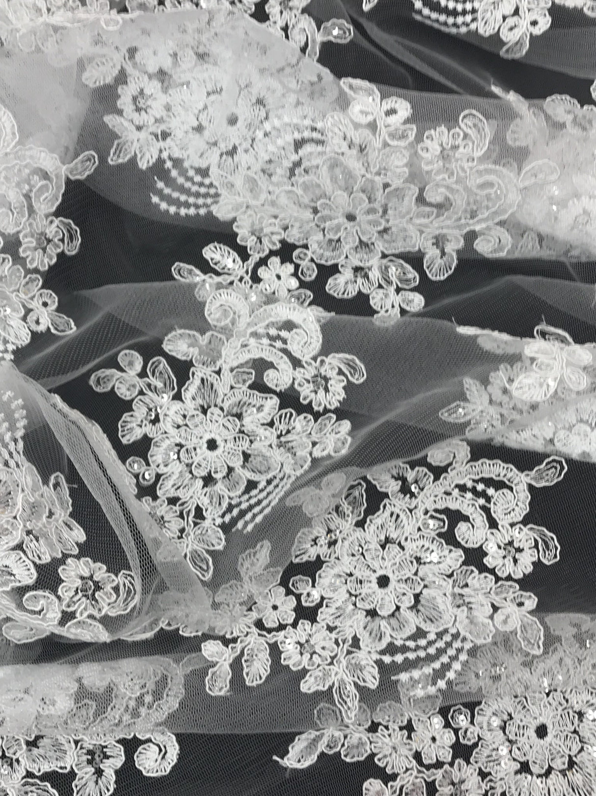 Imperial White Lace Polyester Fabric - White Mesh Net Corded Embroidered With Small Clear Iridescent Sequins, 53/54" Width