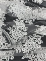 Imperial White Lace Polyester Fabric - White Mesh Net Corded Embroidered With Small Clear Iridescent Sequins, 53/54" Width