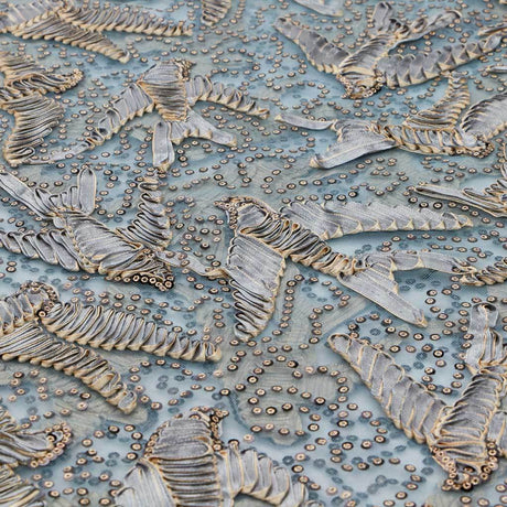 In Flight Polyester Mesh Embroidered Sequins Fabric - Gold/Navy, 57/58" Width, 230 GSM (1 Yard)