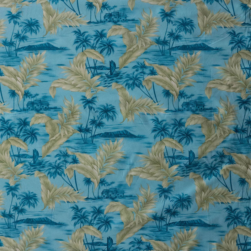 Island Areca Palm Peachskin Polyester Fabric - Island Boat And House Sketch Print With Areca Palms, 36" X 45" (1 Yard)
