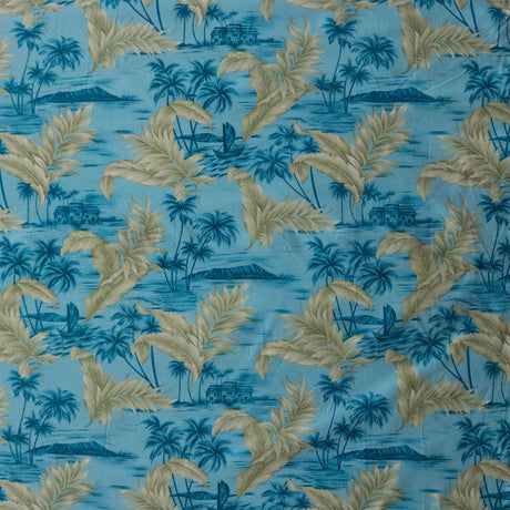 Island Areca Palm Peachskin Polyester Fabric - Island Boat And House Sketch Print With Areca Palms, 36" X 45" (1 Yard)