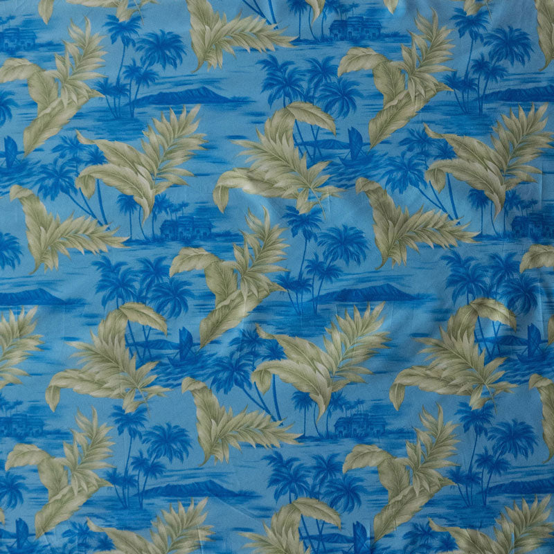 Island Areca Palm Peachskin Fabric - Blue, Khaki, Light Blue, Aqua, Sky Blue, Palm Print, 36" X 45" (1 Yard)