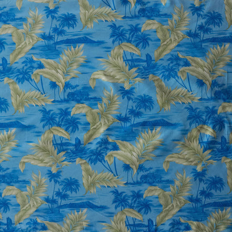 Island Areca Palm Peachskin Fabric - Blue, Khaki, Light Blue, Aqua, Sky Blue, Palm Print, 36" X 45" (1 Yard)