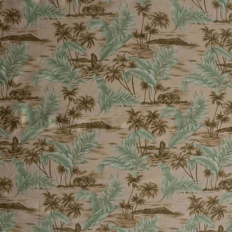 Island Areca Palm Peachskin Fabric - Sketch Like Island Boat House And Areca Palm Print, 36" X 45" (1 Yard)