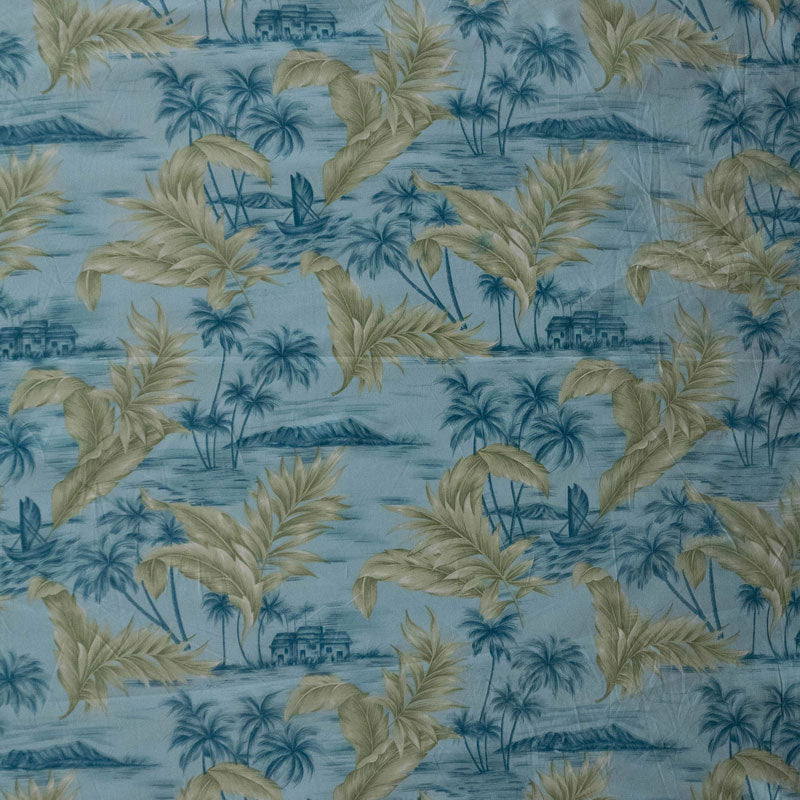 Island Areca Palm Peachskin Polyester Fabric - Island Boat And House Sketch Print With Areca Palms, 36" X 45" (1 Yard)