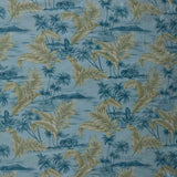 Island Areca Palm Peachskin Polyester Fabric - Island Boat And House Sketch Print With Areca Palms, 36" X 45" (1 Yard)