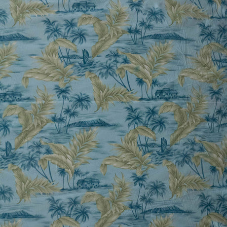 Island Areca Palm Peachskin Polyester Fabric - Island Boat And House Sketch Print With Areca Palms, 36" X 45" (1 Yard)