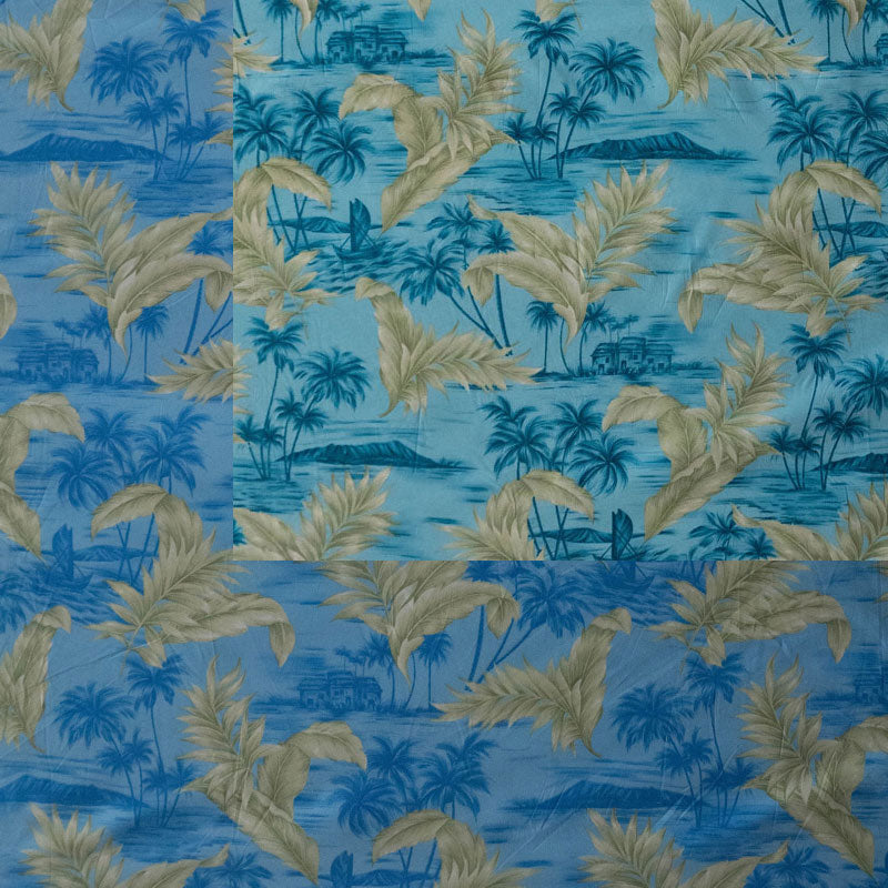 Island Areca Palm Peachskin Polyester Fabric - Island Boat And House Sketch Print With Areca Palms, 36" X 45" (1 Yard)