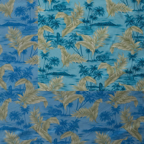 Island Areca Palm Peachskin Polyester Fabric - Island Boat And House Sketch Print With Areca Palms, 36" X 45" (1 Yard)
