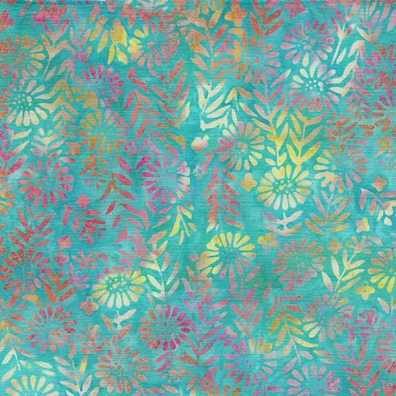 Batik Cotton Flower Field Floral Teal Sea Glass Island Batik