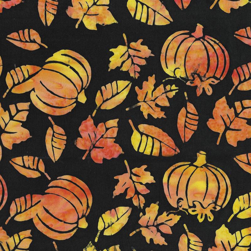 Batik Cotton Pumpkin Leaves Black Slate Floral
