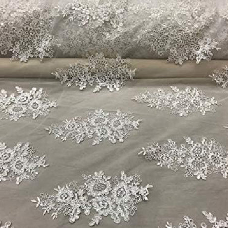 Ivory Sequin Lace Fabric With Embroideries On Mesh - Ivory Floral Embroidered Sequin Lace, 52" Width