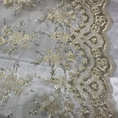 VT-011 Sequin Lace Fabric - Ivory Embroideries On Mesh