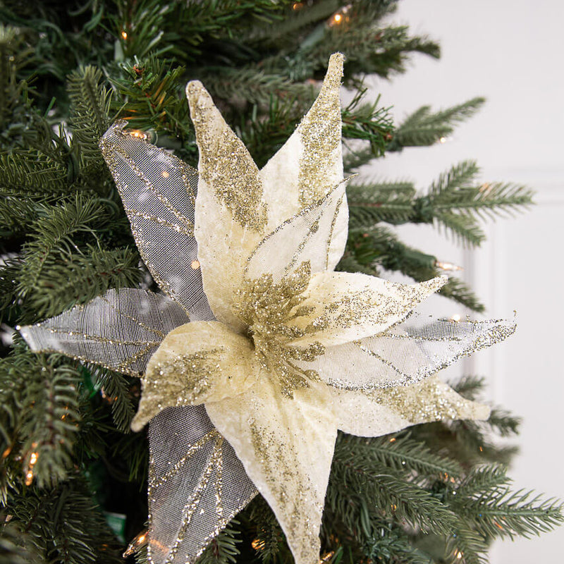 20” x 11.5" Velvet Sheer Glitter Edge Poinsettia Stem