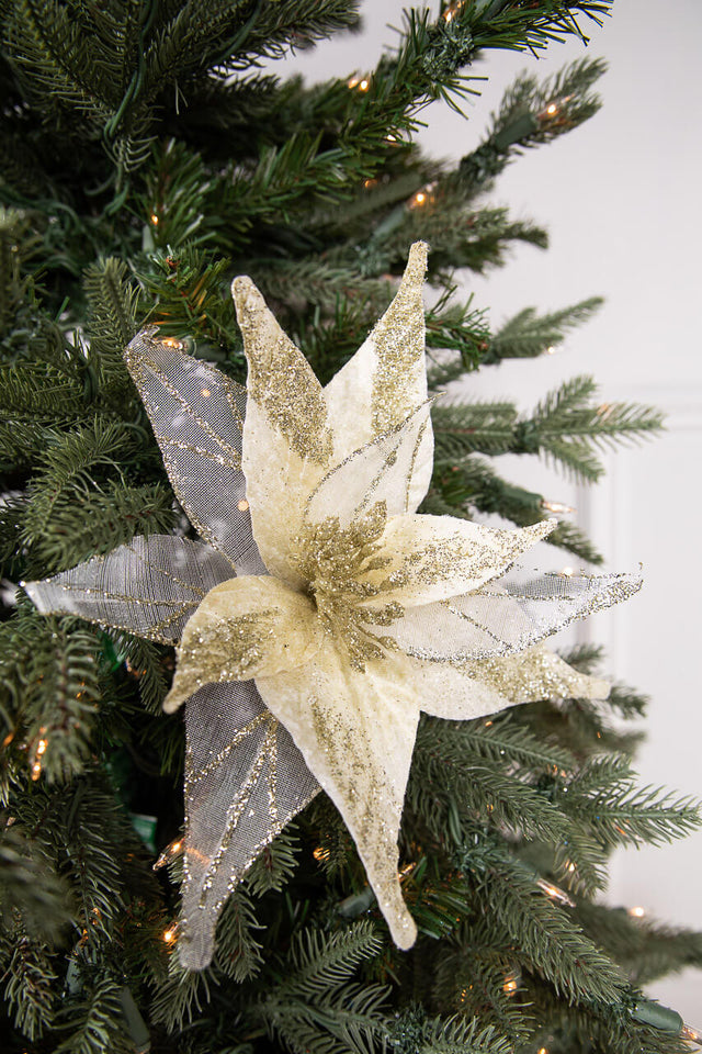 20” x 11.5" Velvet Sheer Glitter Edge Poinsettia Stem