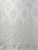 Erin Diamond Beaded Metallic Floral Embroidered Mesh Lace Fabric - Metallic Floral Beaded Embroidery, 50-54" Width (1 Yard)