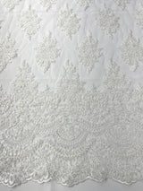 Erin Diamond Beaded Metallic Floral Embroidered Mesh Lace Fabric - Metallic Floral Beaded Embroidery, 50-54" Width (1 Yard)