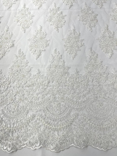 Erin Diamond Beaded Metallic Floral Embroidered Mesh Lace Fabric - Metallic Floral Beaded Embroidery, 50-54" Width (1 Yard)
