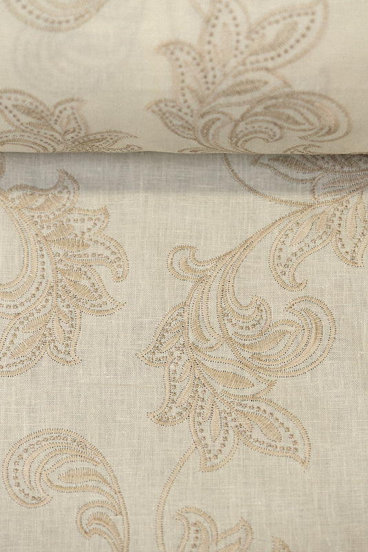 1 Yard White Sand Pure Linen Foliage Embroidered Fabric Midweight Woven 54 Inch Width