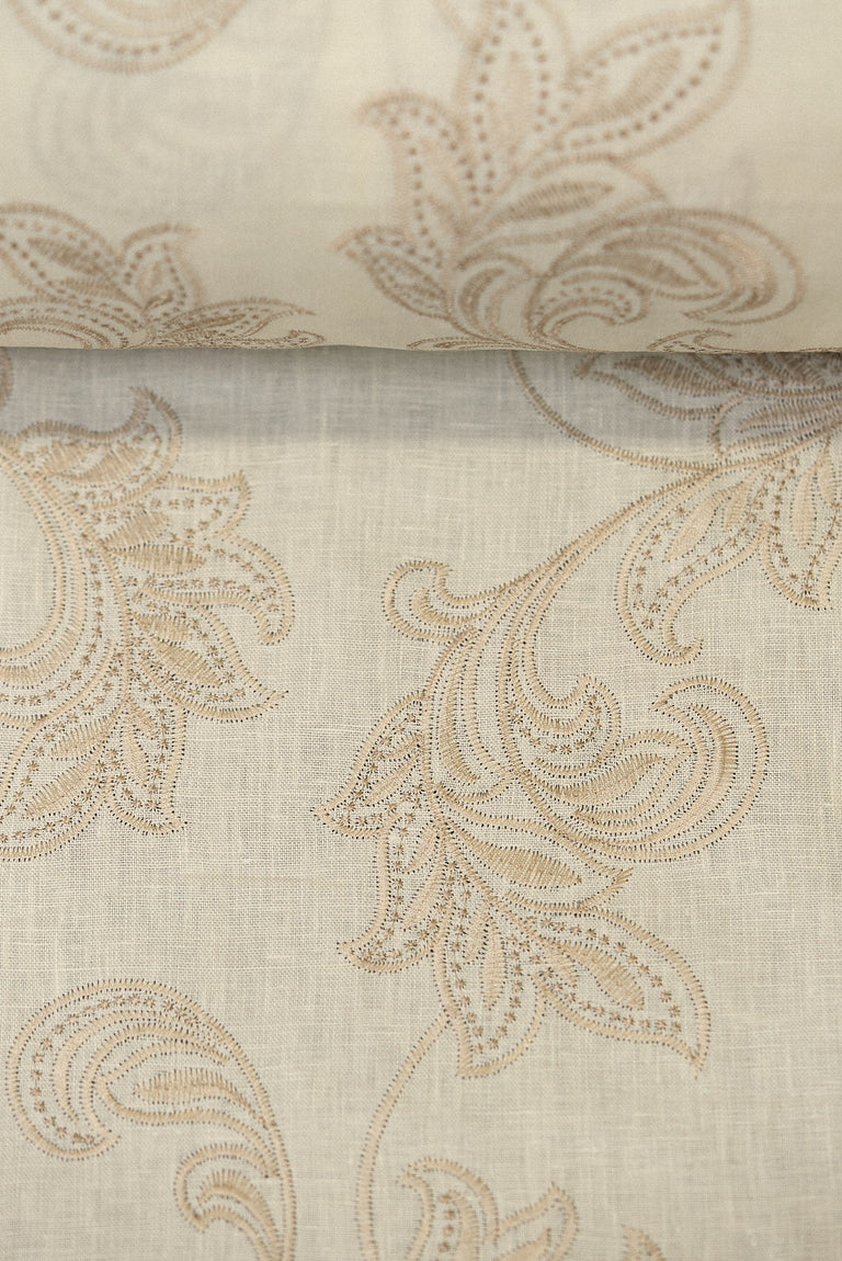 1 Yard White Sand Pure Linen Foliage Embroidered Fabric Midweight Woven 54 Inch Width