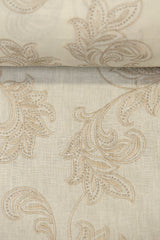 1 Yard White Sand Pure Linen Foliage Embroidered Fabric Midweight Woven 54 Inch Width