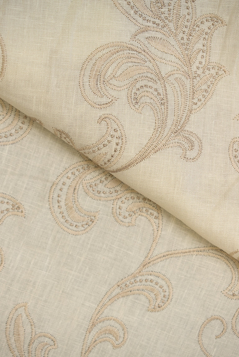 1 Yard White Sand Pure Linen Foliage Embroidered Fabric Midweight Woven 54 Inch Width