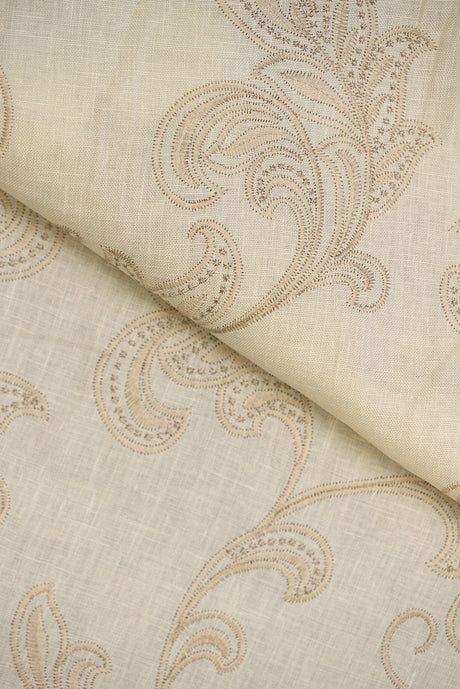 1 Yard White Sand Pure Linen Foliage Embroidered Fabric Midweight Woven 54 Inch Width