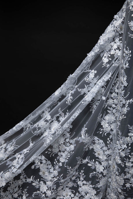 1 Yard Exquisite Embroidered Tulle Lace with Applique and 3D Design Fabric 52" Wide