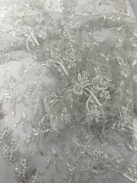 Butterfly Corded Lace Fabric - Butterfly Embroidery, Metallic Sequins, 54" Width (1 Yard)