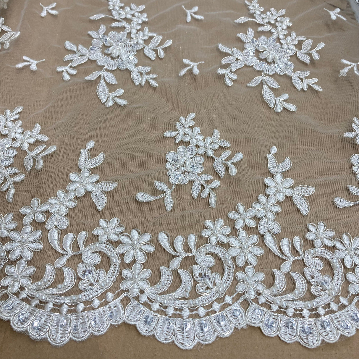 Beaded Corded Floral Lace Fabric