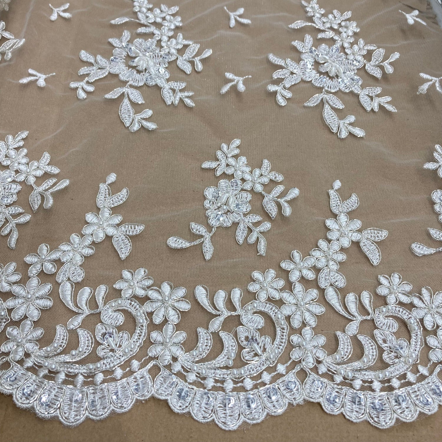 Beaded Corded Floral Lace Fabric 52" Scalloped Edges