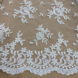 Beaded Corded Lace Fabric - Floral Design, Scalloped Edges, 52" Width (1 Yard)
