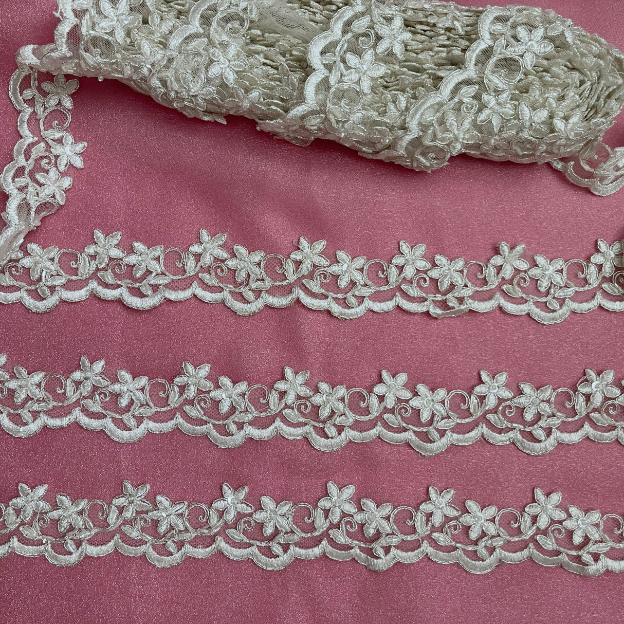 Beaded Corded Lace Trim Ivory Silver