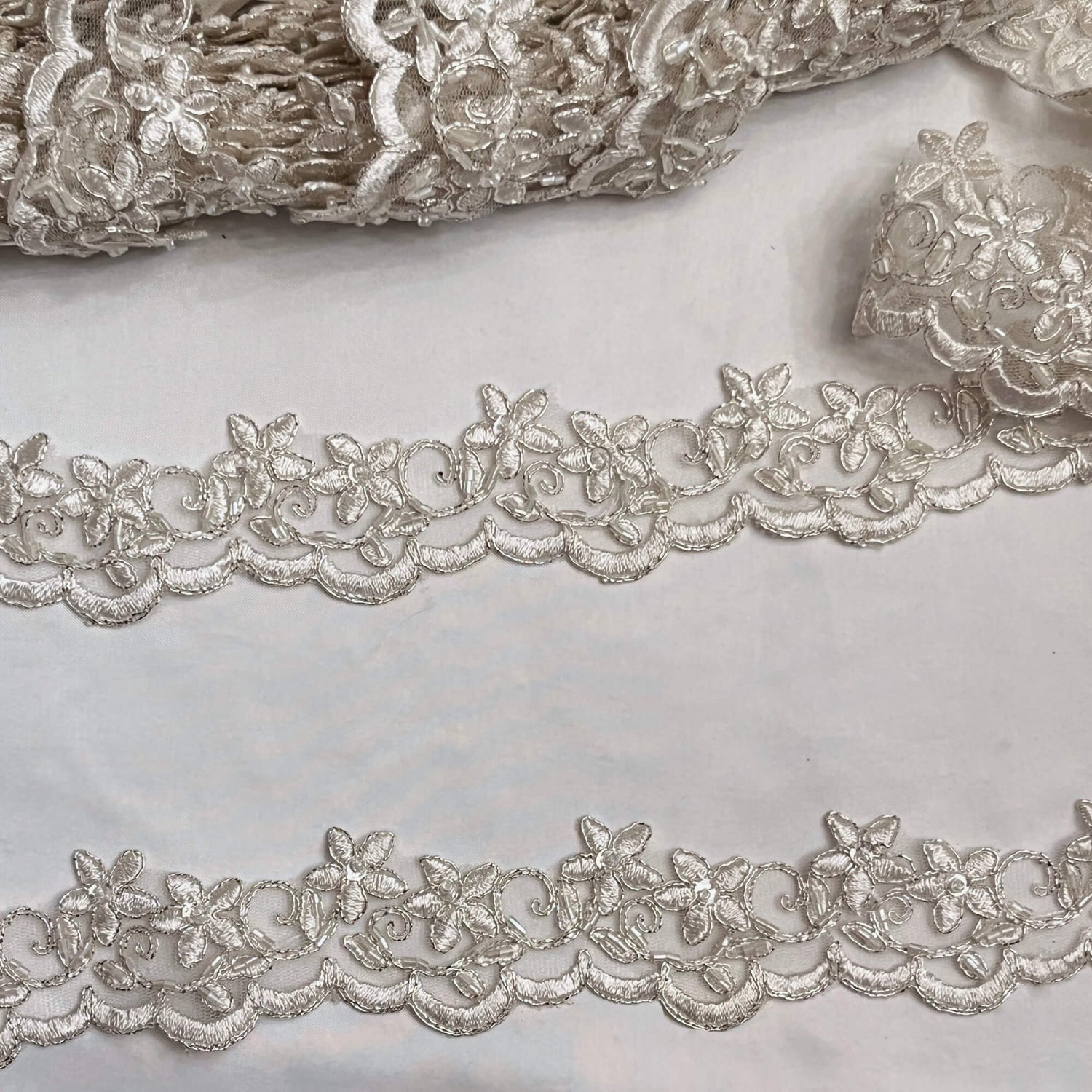 Beaded Corded Lace Trim Ivory Silver