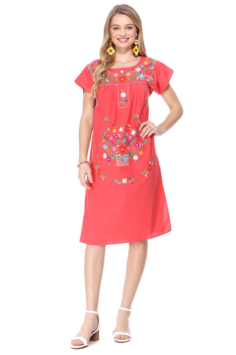 Unik Embroidered Traditional Mexican Dress Cotton Fabric - Detailed Embroidery, Multiple Colors, S-M-L-XL-2XL-3XL (1 Piece)