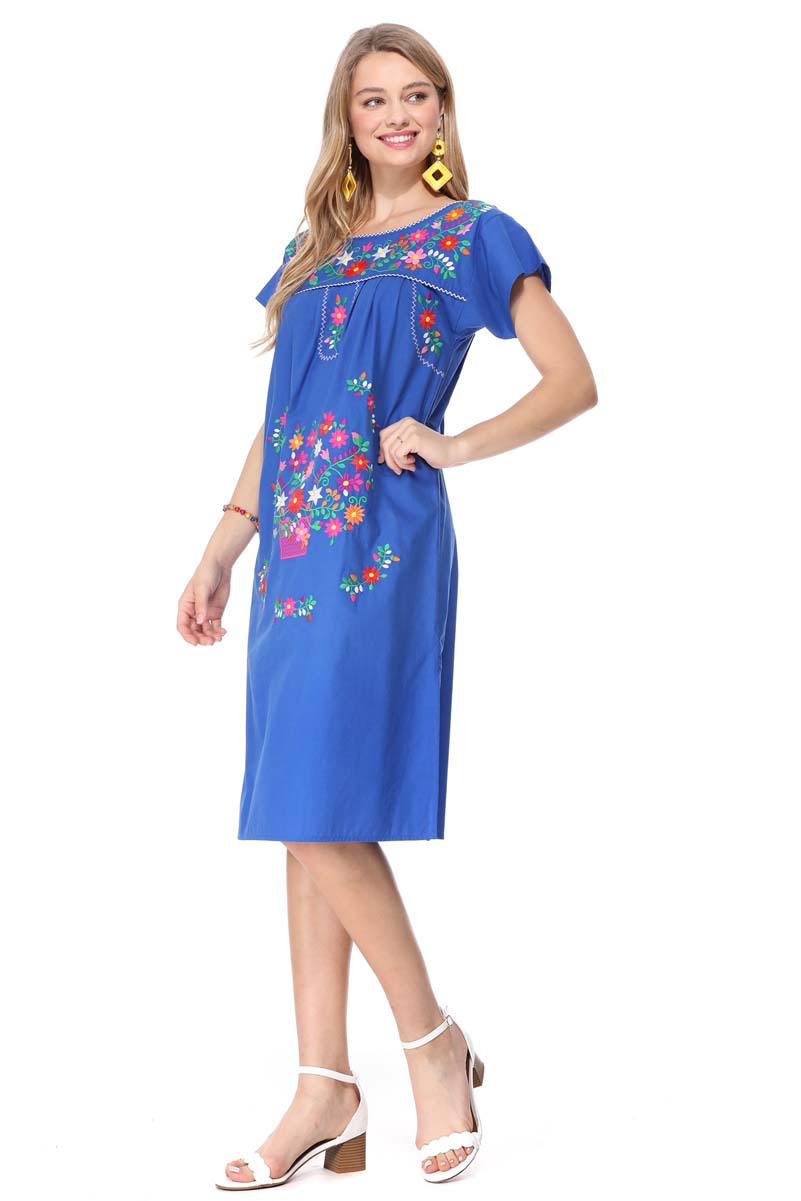 Unik Embroidered Traditional Mexican Dress Cotton Fabric - Detailed Embroidery, Multiple Colors, S-M-L-XL-2XL-3XL (1 Piece)