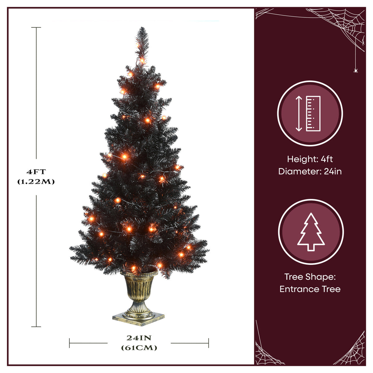 4 ft. Black Entrance Tree with String of Orange Lights