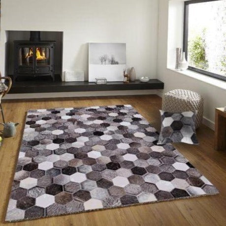 Vegan Geometric Gray Black Faux Hide/Cowhide Printed Rug - Gray Black Geometric Patchwork, Soft Feel, Durable, 5' X 7' To 10' X 13' (1 Piece)