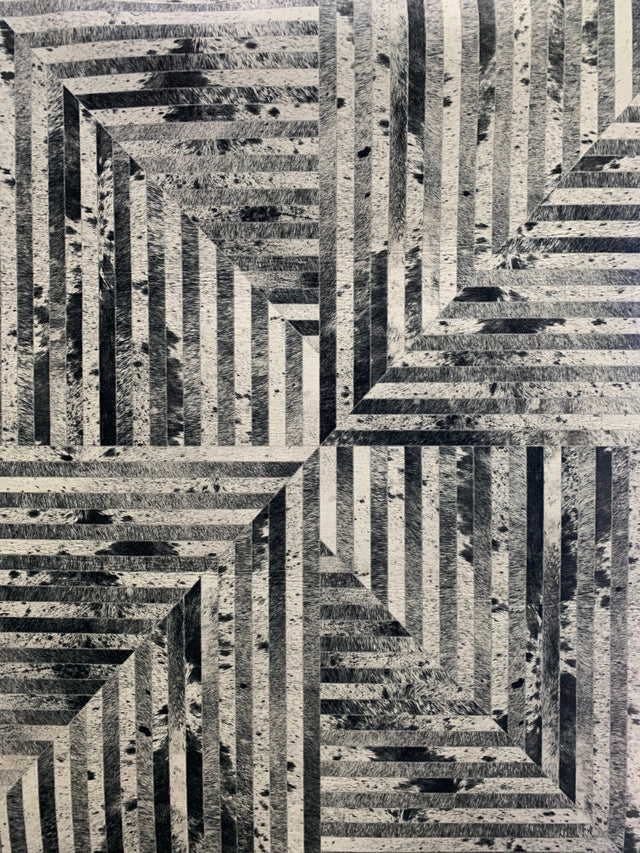 Geometric Vegan Hide Patchwork Printed Rug - Vertical Lines Design, Gray Beige Ivory, Area Rug (5' X 7')