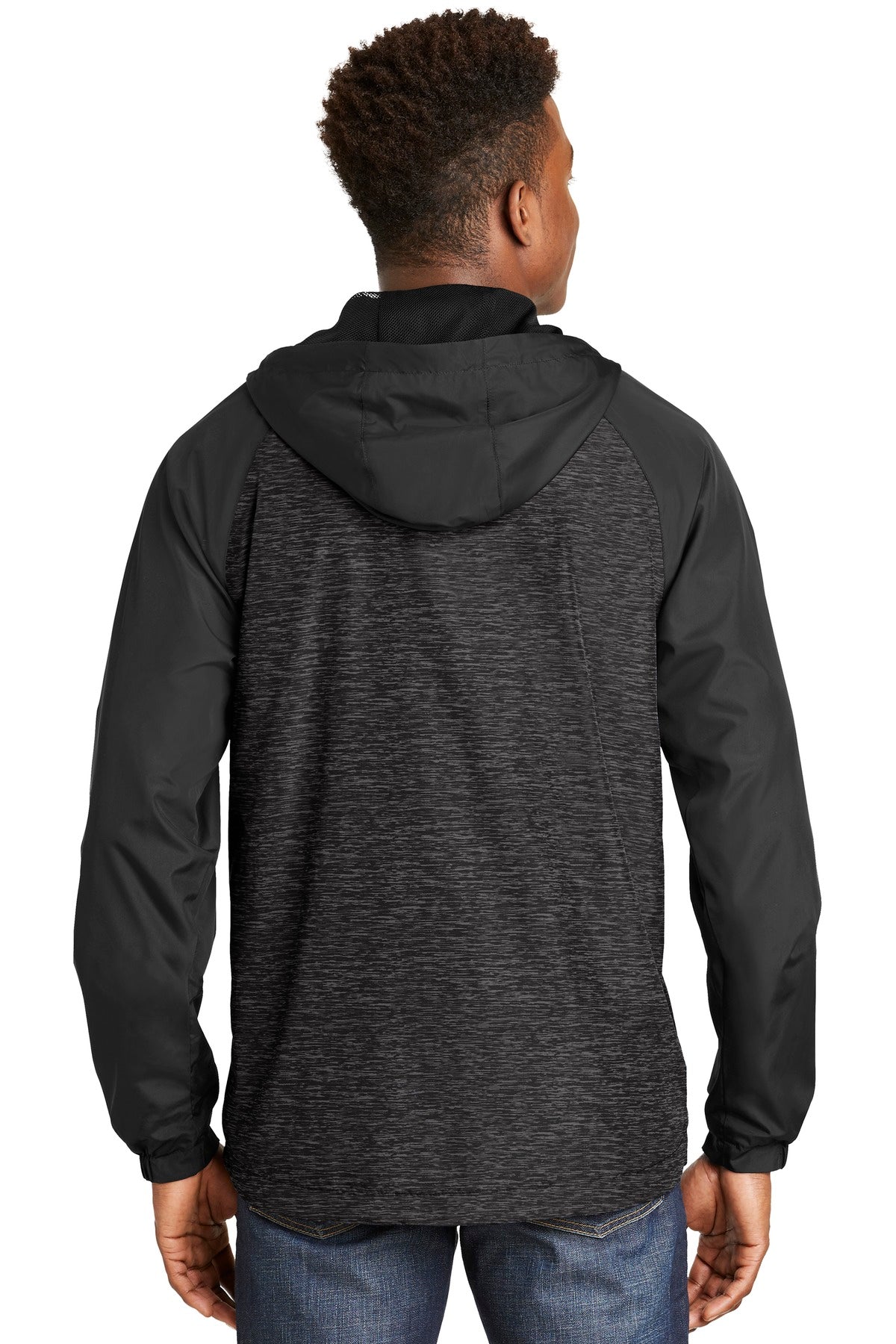 Sport-Tek® Heather Colorblock Raglan Hooded Wind Jacket.